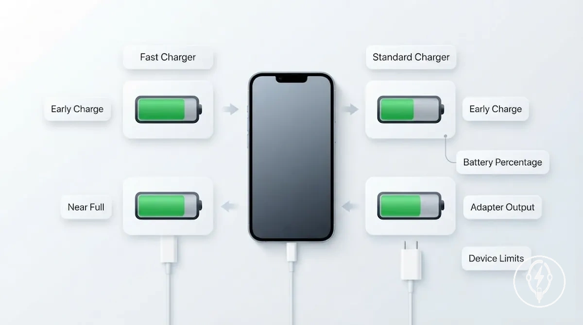 Diagramme comparant le comportement de vitesse de charge rapide et standard de l iPhone en utilisation réelle
