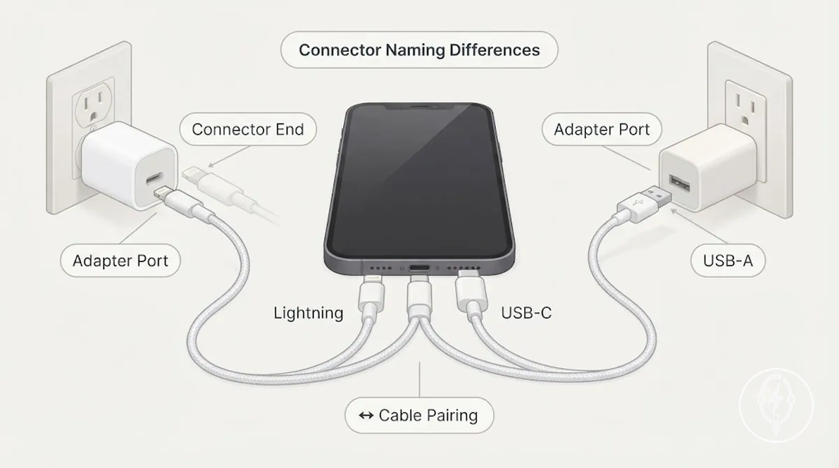 Différences de nom des connecteurs USB-C, Lightning et USB-A pour la charge iPhone