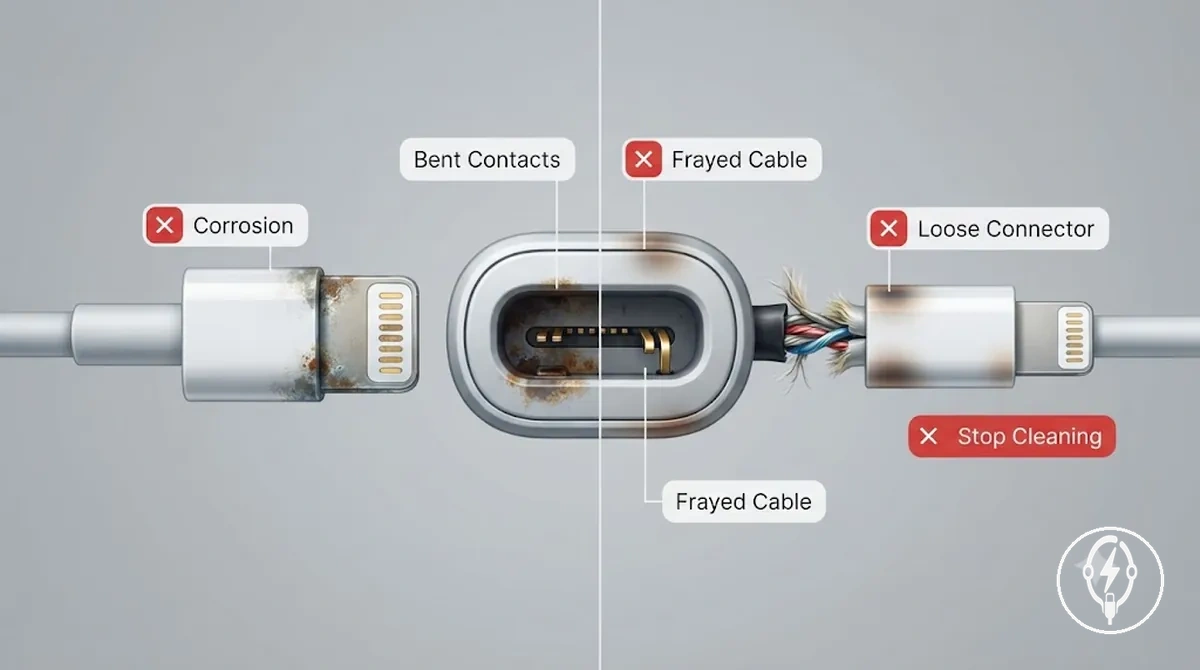 Contacts d’accessoire de charge d’iPhone endommagés et corrodés montrant les limites de remplacement