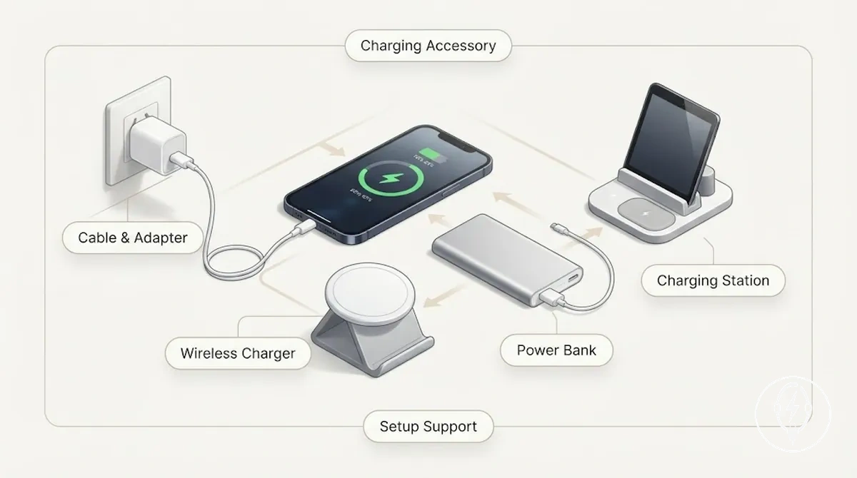 Accessoires de charge pour iPhone principaux regroupés par rôle de charge et méthode de charge