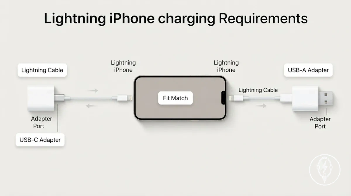 Graphique comparant les chemins de câble de charge pour iPhone Lightning vers les adaptateurs USB-C et USB-A