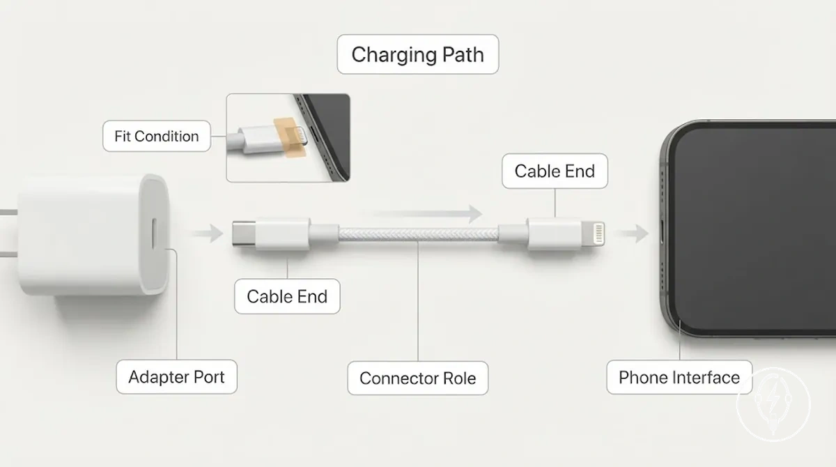 Extrémités de câble, ports adaptateur et rôles des connecteurs dans un système de charge pour iPhone
