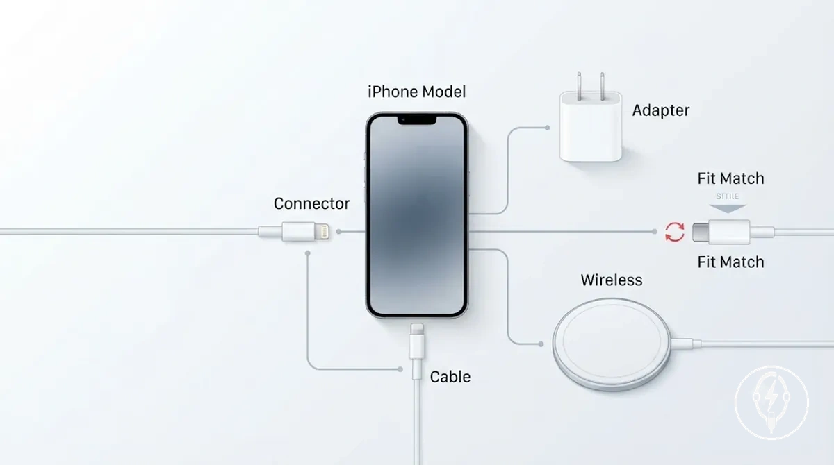 Facteurs de compatibilité qui modifient le bon choix montrant le modèle d iPhone, le connecteur, le câble, l adaptateur, la norme sans fil et le chemin de charge