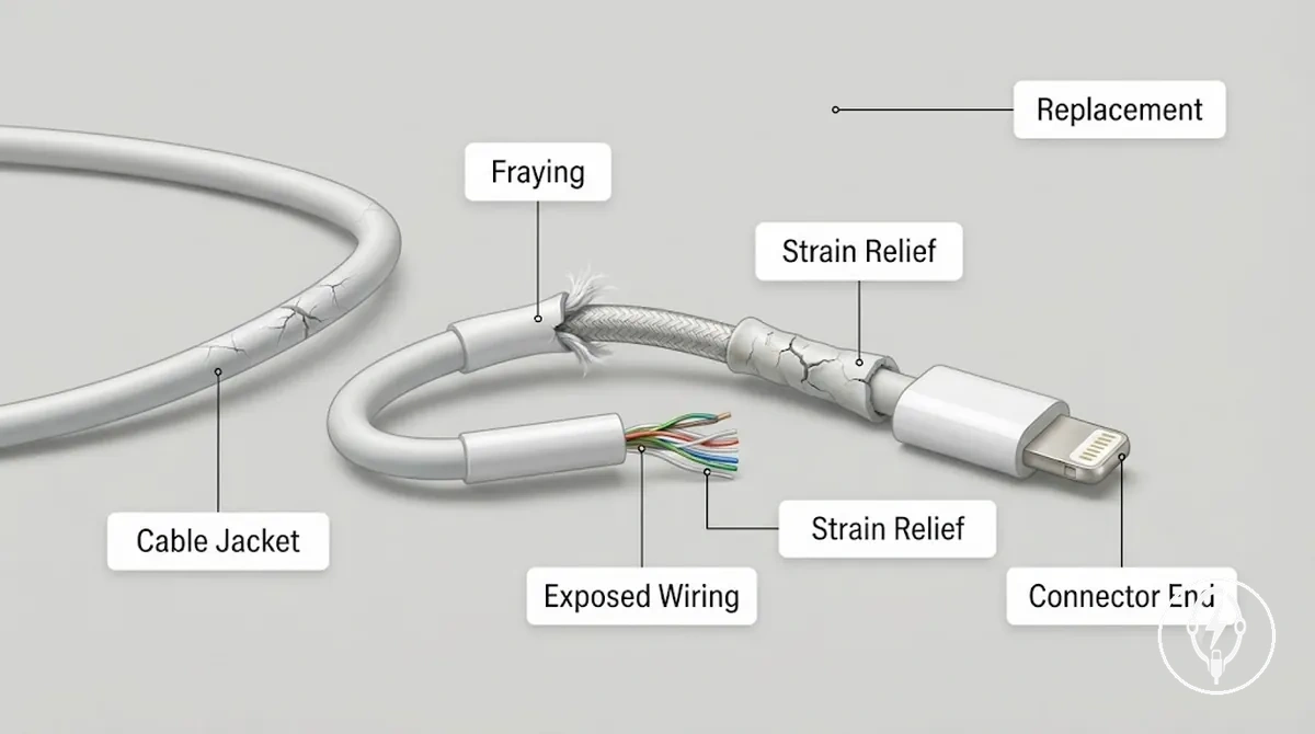 Gros plan d un câble de charge pour iPhone effiloché avec un renfort plié et des fils exposés