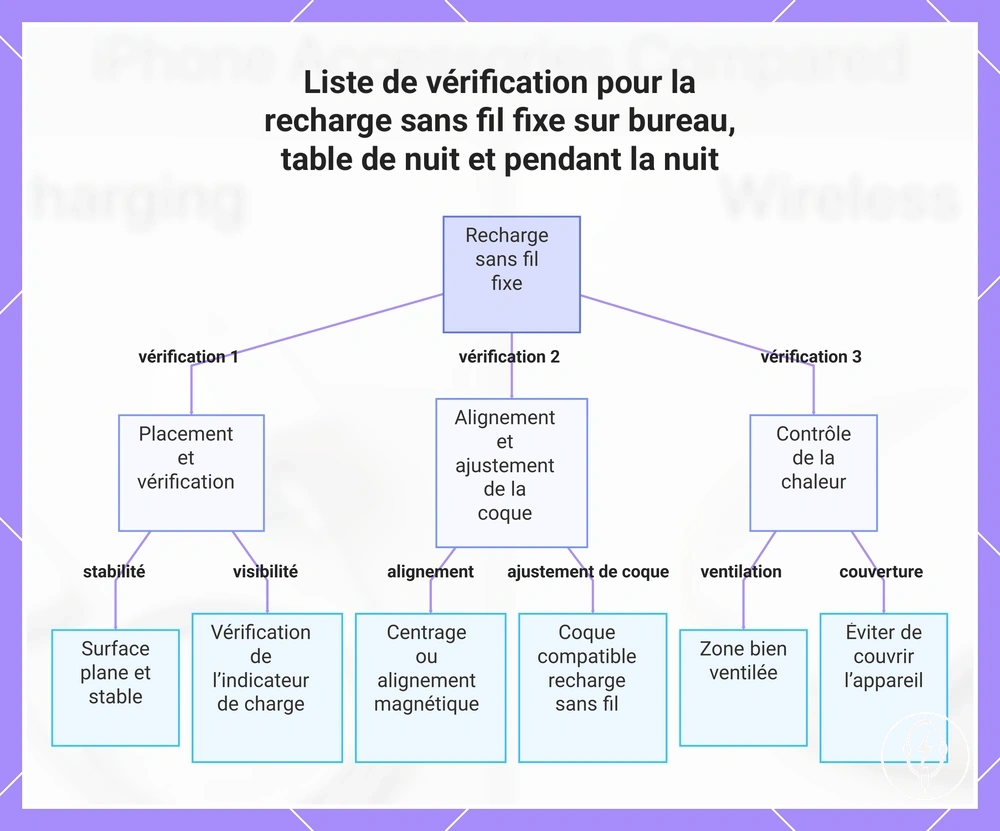 Liste de vérification pour la recharge sans fil fixe sur bureau, table de nuit et pendant la nuit
