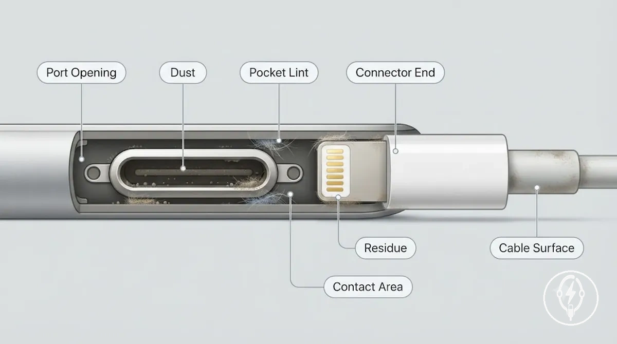 Poussière, peluches et résidus près d’un port de charge et d’une extrémité de connecteur d’iPhone