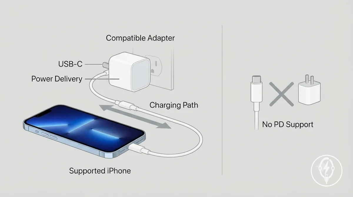 Prise en charge USB-C Power Delivery illustrée sur une configuration de chargeur et câble iPhone