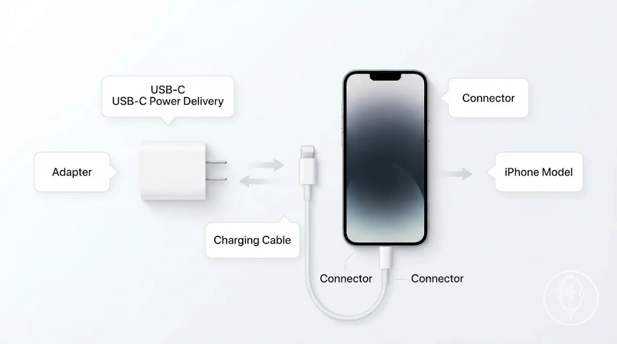 Configuration de chargeur iPhone annotée montrant la puissance, USB-C Power Delivery et les câbles requis