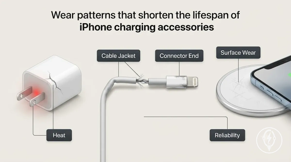 Schémas d usure étiquetés sur le câble de charge l adaptateur et le chargeur sans fil pour iPhone