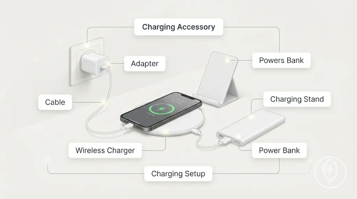 Accessoires de charge pour iPhone incluant un câble de charge, un adaptateur secteur, un chargeur sans fil et une batterie externe