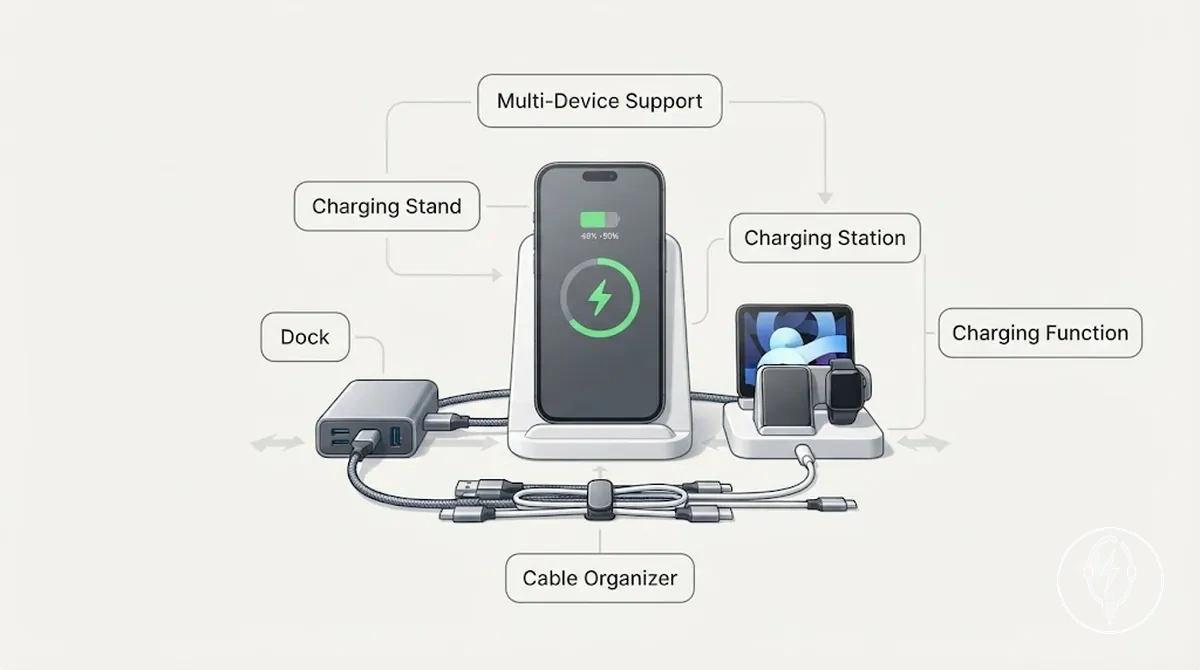 Support de charge, station d accueil, station de charge, organiseur de câbles et iPhone positionné pour la charge