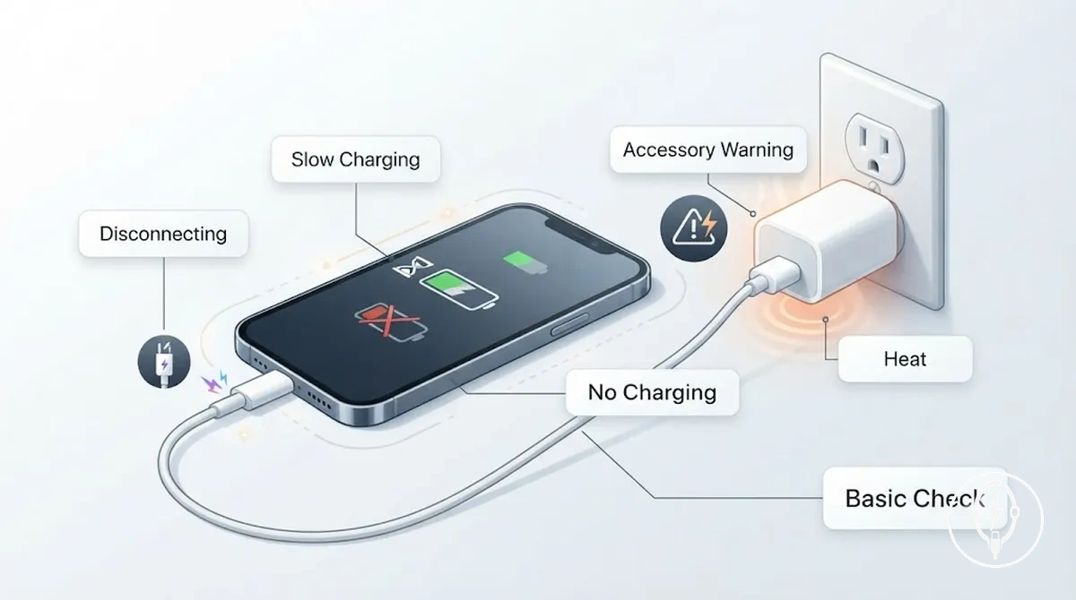 Vue de diagnostic des symptômes de charge pour iPhone pouvant indiquer un accessoire de charge usé