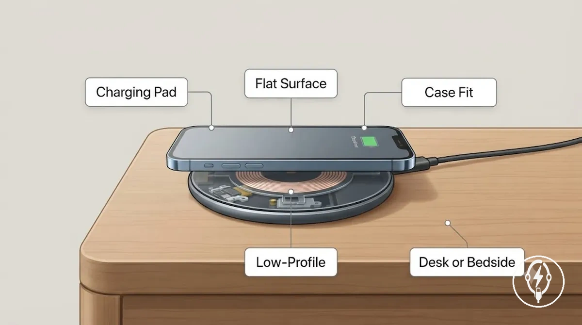 iPhone sur un tapis de charge sans fil plat sur un bureau