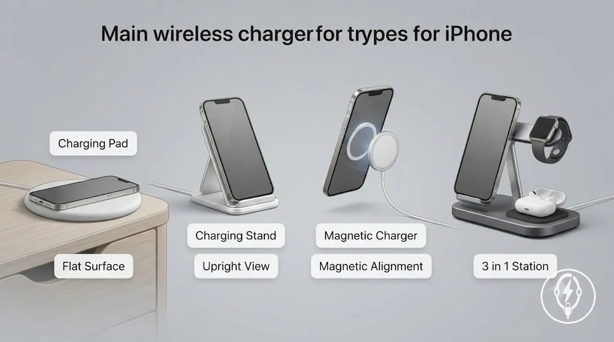 Types de chargeurs sans fil pour iPhone montrant tapis, support, chargeur magnétique et station 3 en 1
