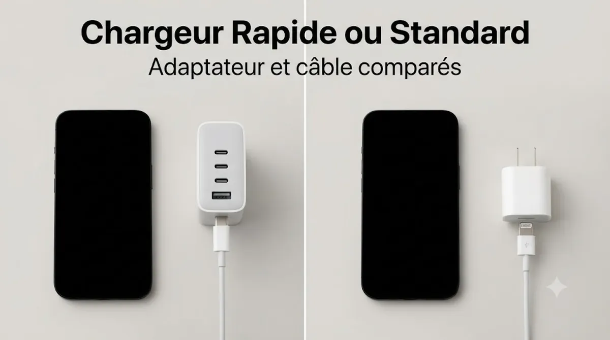 Chargeur rapide et chargeur standard pour iPhone comparés selon l’adaptateur et le câble