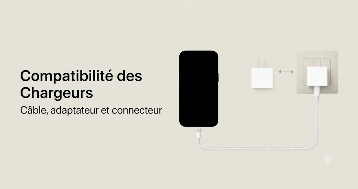 Chargeur iPhone compatible avec câble, adaptateur et connecteur adaptés dans une configuration de charge