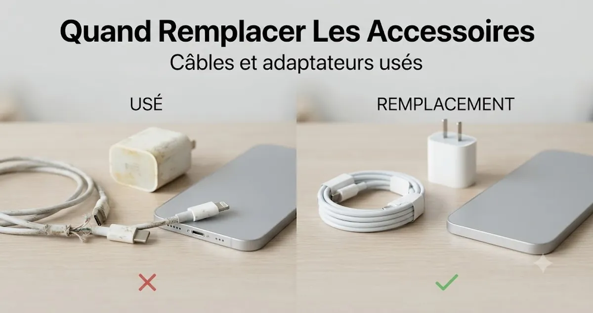 Accessoires de charge pour iPhone usés comparés à des câbles et adaptateurs de remplacement