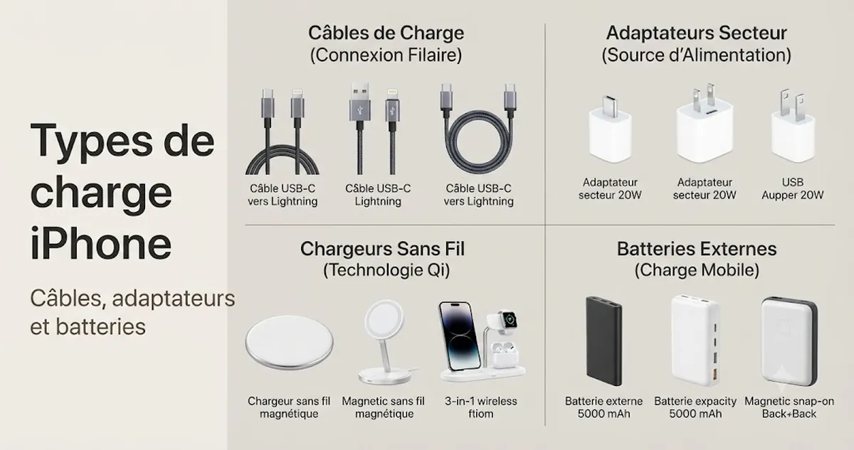 Types d’accessoires de charge pour iPhone avec câbles, adaptateurs, chargeurs sans fil et batteries externes