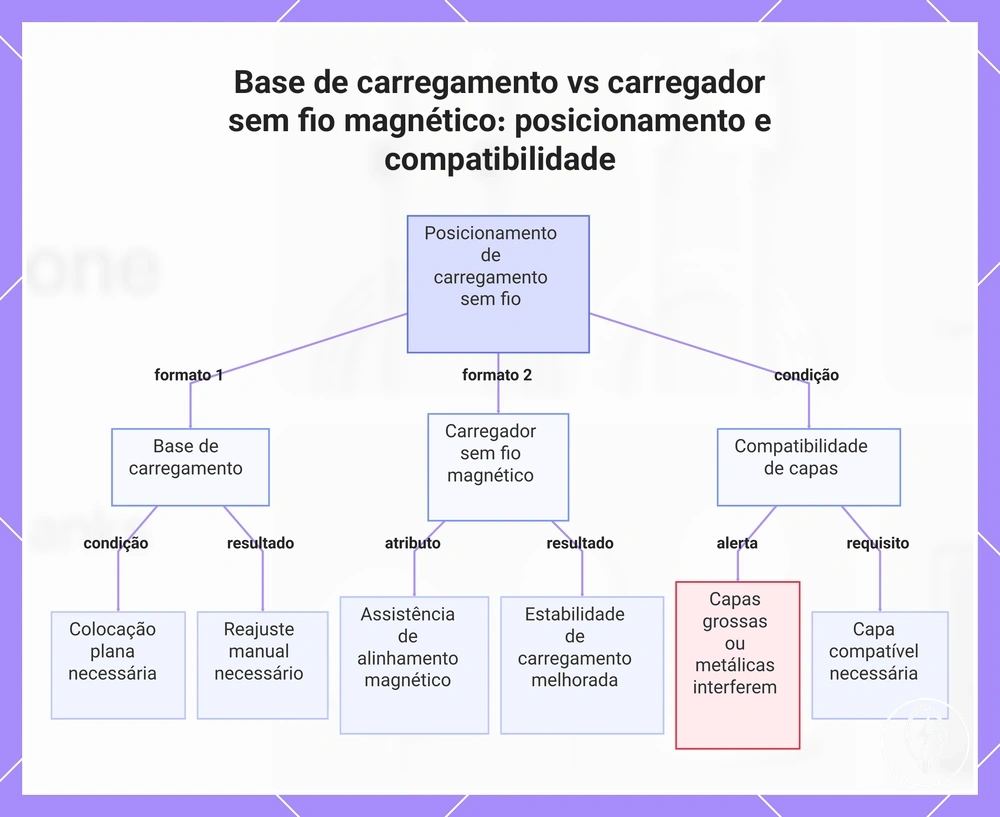 Base de carregamento vs carregador sem fio magnético: posicionamento e compatibilidade