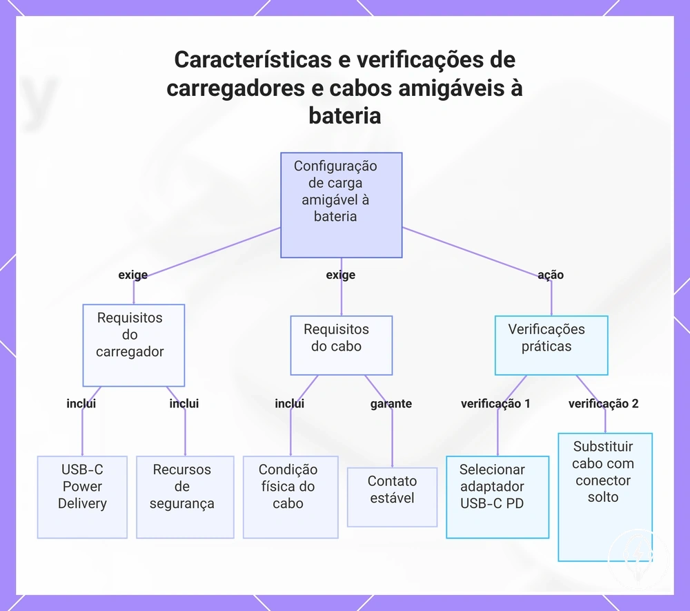 Características e verificações de carregadores e cabos amigáveis à bateria