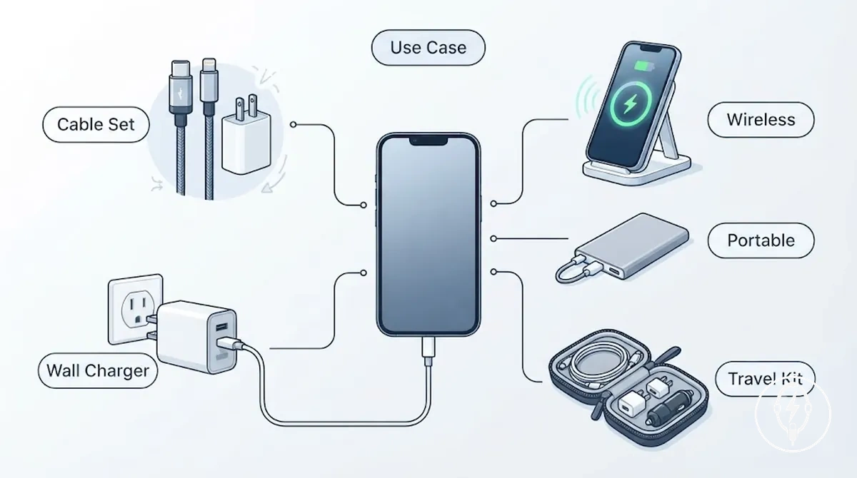 Comparação de categorias de acessórios de carregamento para iPhone, incluindo conjuntos de cabo e adaptador, carregadores de parede, carregadores sem fio, carregadores portáteis e kits de viagem