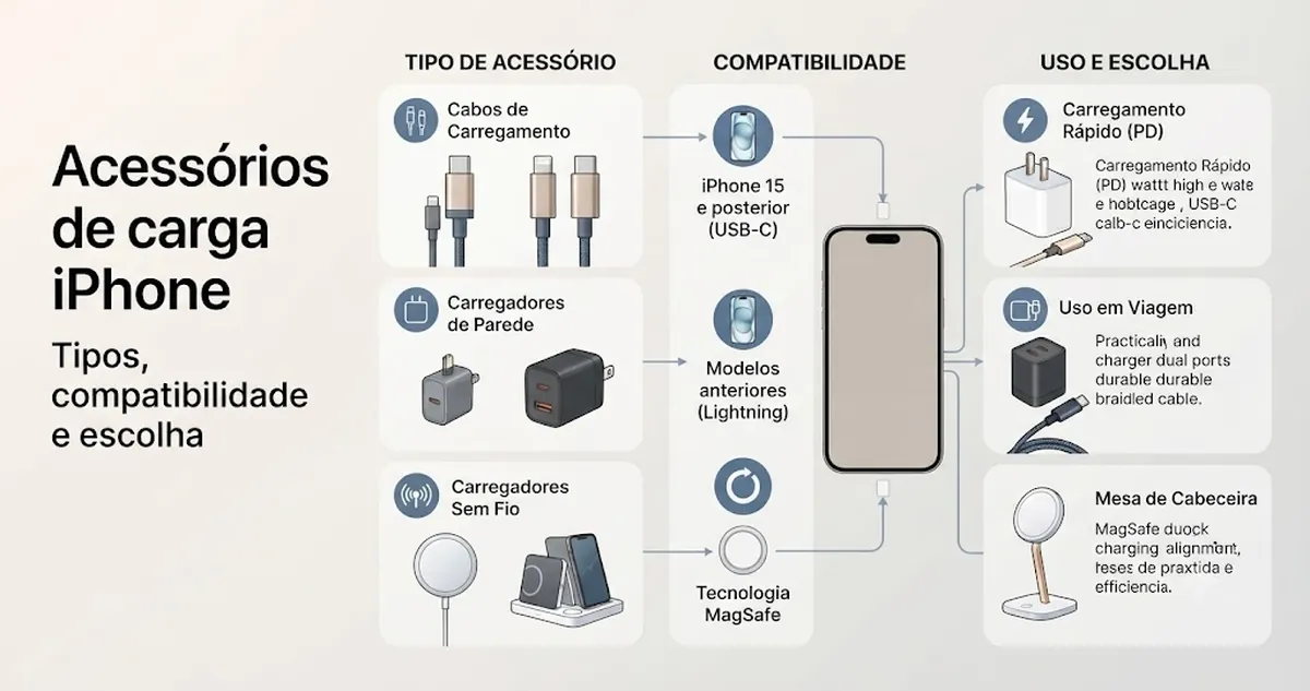Acessórios de carregamento para iPhone organizados por tipo, compatibilidade e uso na escolha de compra