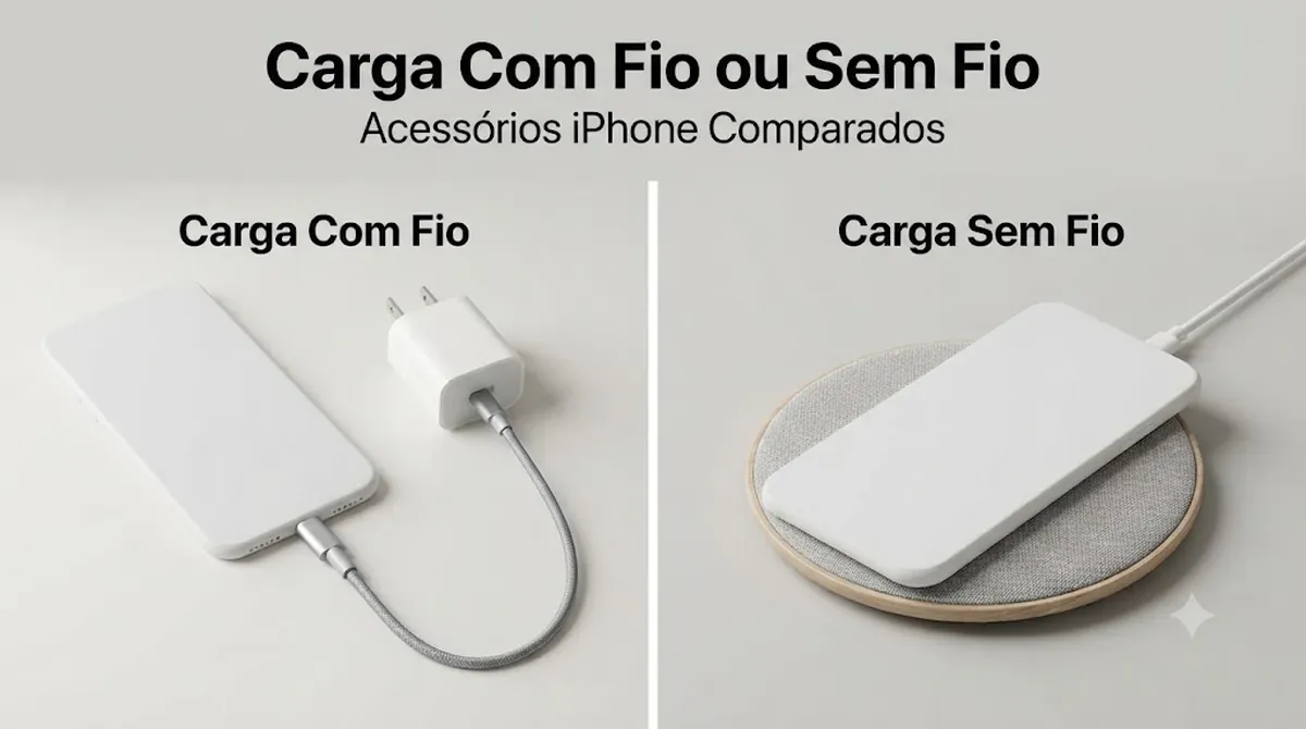 Acessórios de carregamento com fio e sem fio para iPhone comparados lado a lado