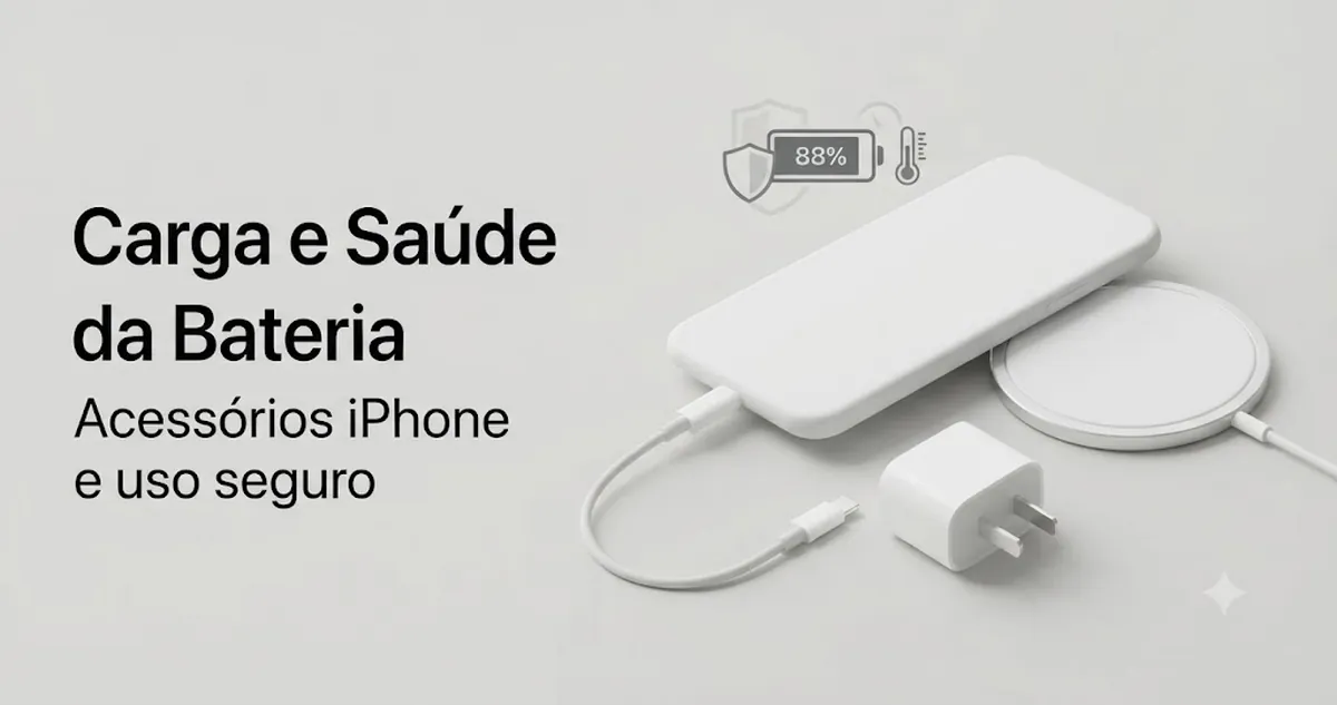 Acessórios de carregamento para iPhone mostrados com saúde da bateria e carregamento seguro