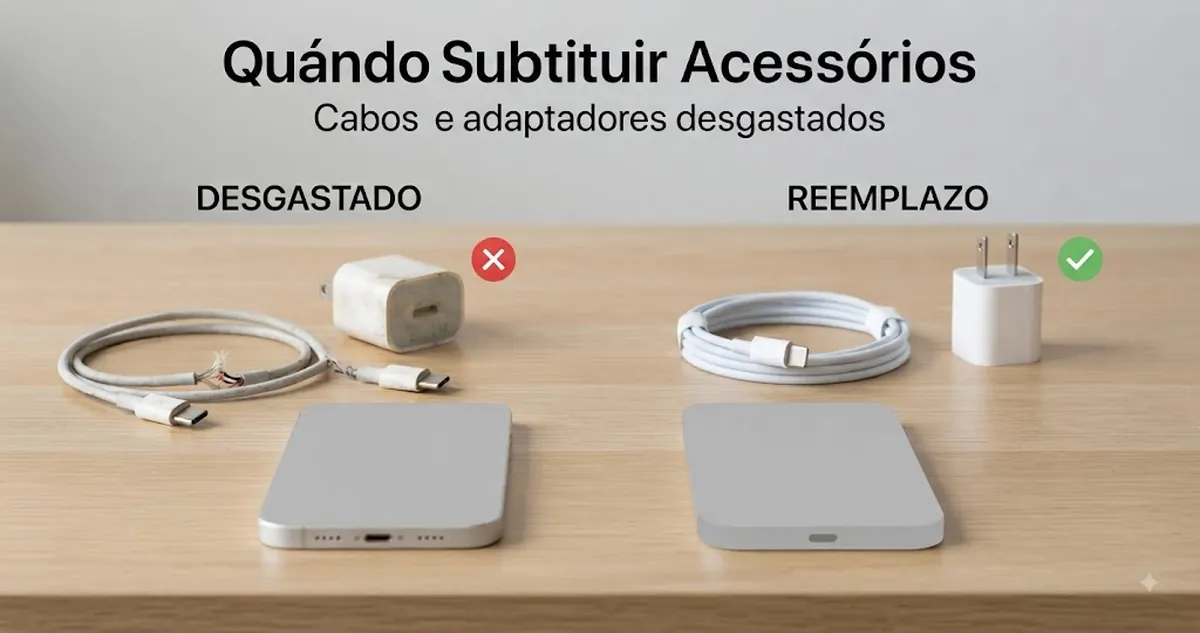 Acessórios de carregamento para iPhone desgastados comparados com cabos e adaptadores de substituição