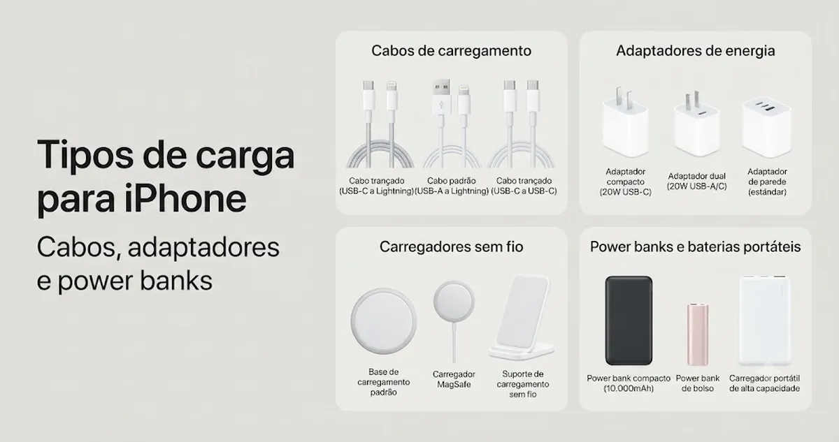 Tipos de acessórios de carregamento para iPhone, com cabos, adaptadores, carregadores sem fio e power banks