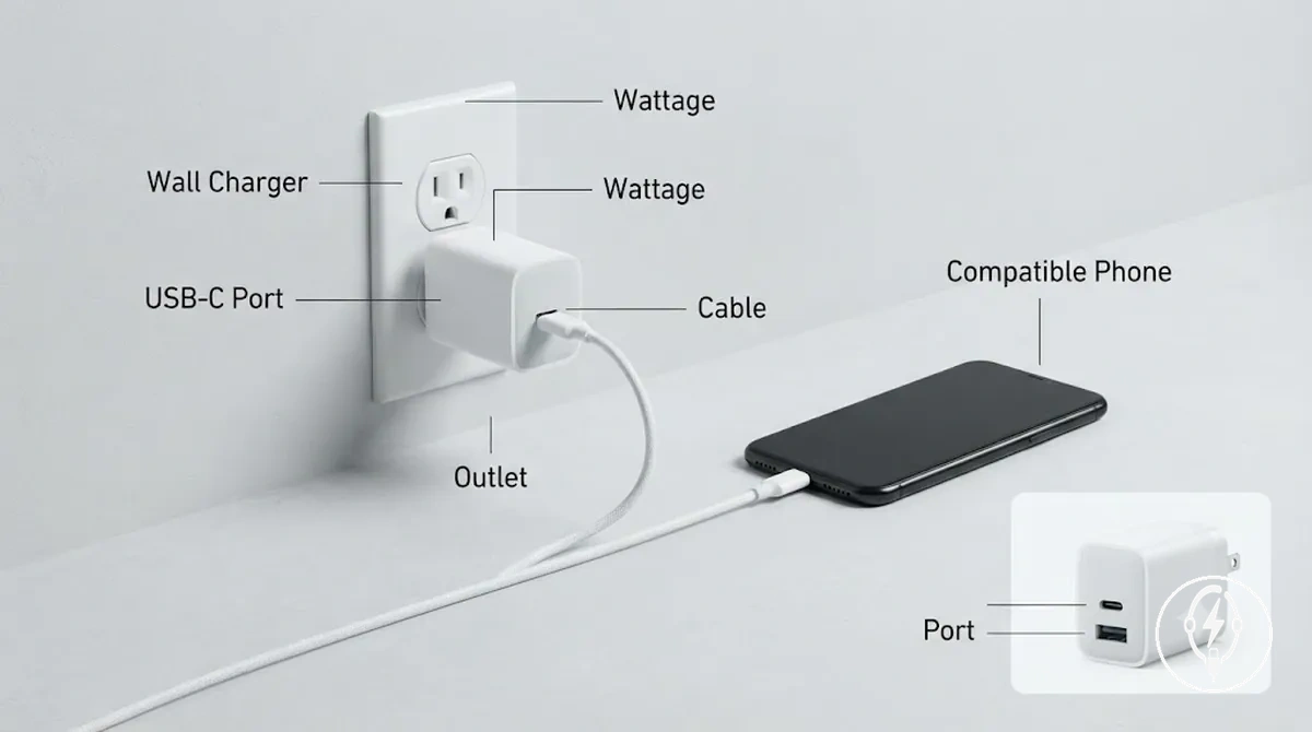 USB-C kablosu, şarj portu, watt etiketi ve uyumlu akıllı telefon ile bir duvar prizine bağlı hızlı şarj duvar şarj cihazı