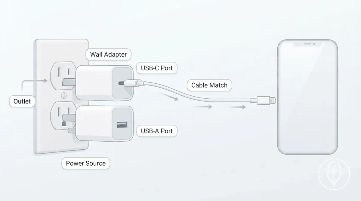 iPhone şarj kablosu eşleştirmesi için duvar şarj cihazı ve fişli güç adaptörü bağlantı noktası