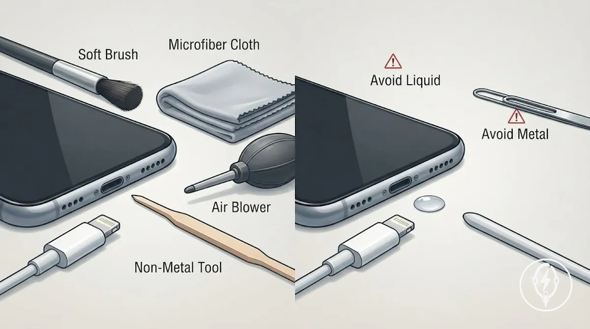 iPhone şarj portunu ve konektörünü temizlemek için güvenli ve güvenli olmayan araçlar