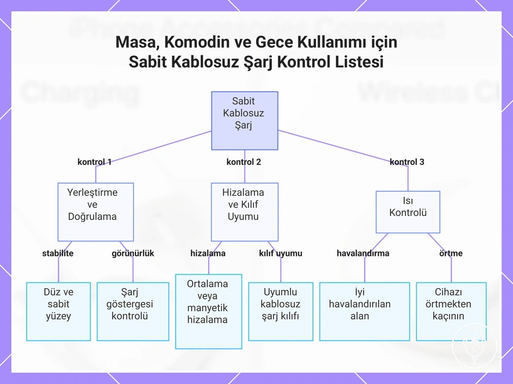 Masa, Komodin ve Gece Kullanımı için Sabit Kablosuz Şarj Kontrol Listesi