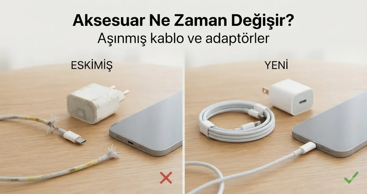 Aşınmış iPhone şarj aksesuarlarının yedek kablo ve adaptörlerle karşılaştırılması