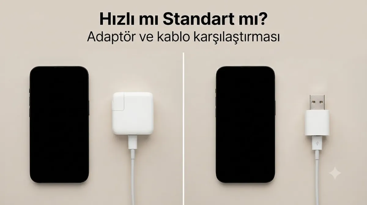 Adaptör ve kablo düzenine göre karşılaştırılmış iPhone hızlı şarj cihazı ve standart şarj cihazı