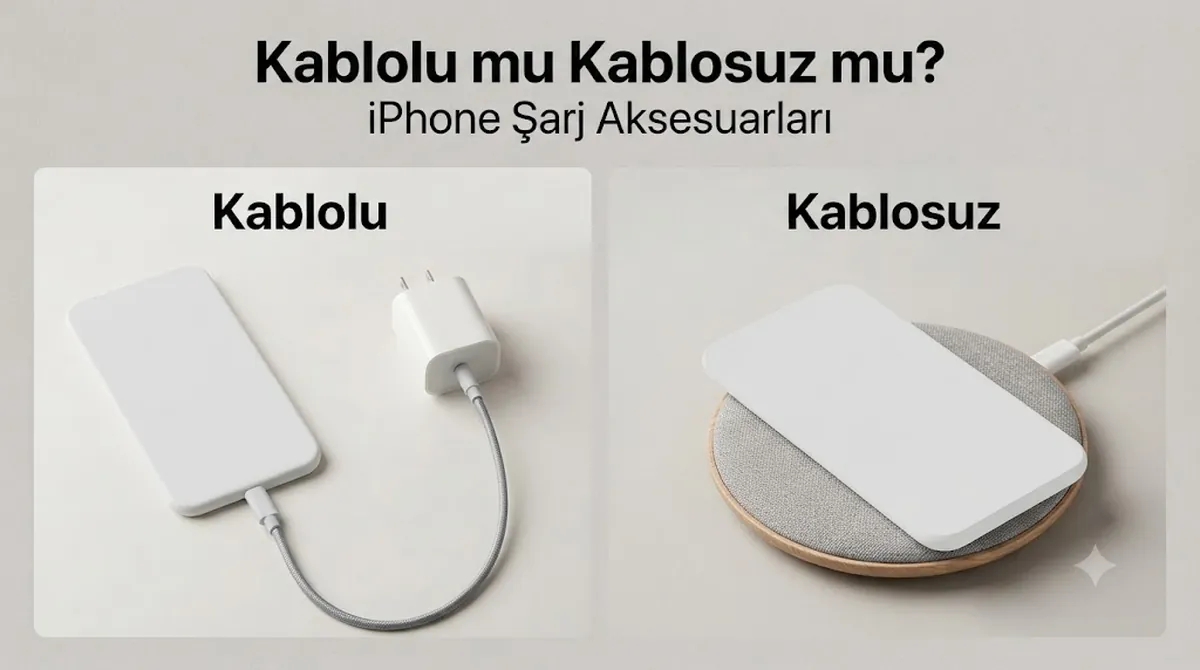 Yan yana karşılaştırılmış kablolu ve kablosuz iPhone şarj aksesuarları