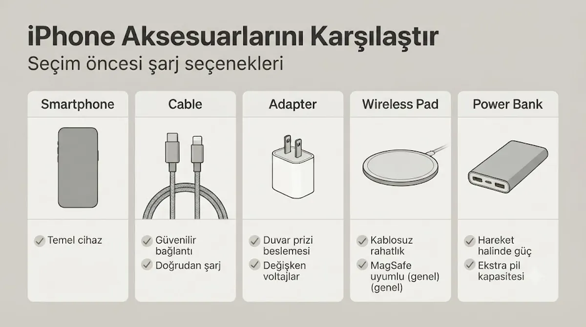 Satın almadan önce karşılaştırma için düzenlenmiş iPhone şarj aksesuarları