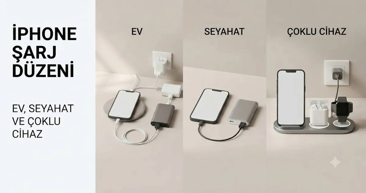 Ev, seyahat ve çoklu cihaz kullanımı için farklı aksesuarlarla iPhone şarj düzeni
