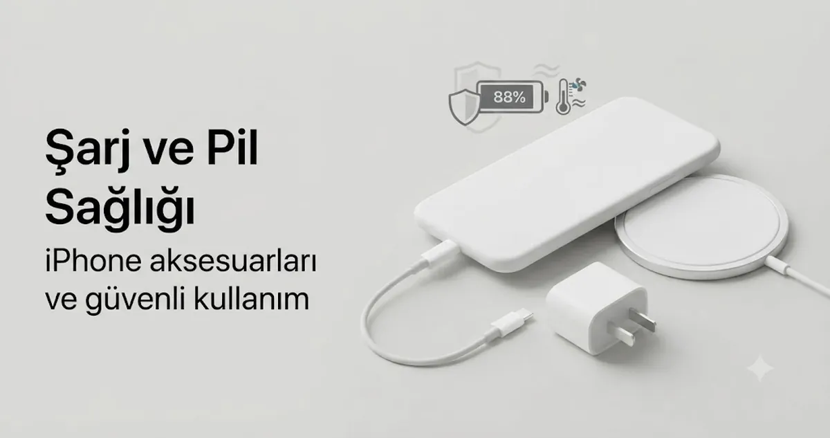 Pil sağlığı ve güvenli şarj bağlamında gösterilen iPhone şarj aksesuarları