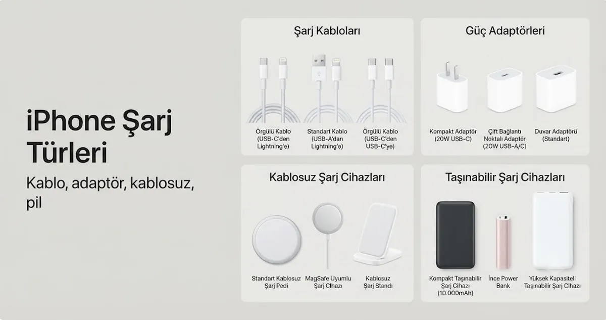 Kablolar, adaptörler, kablosuz şarj cihazları ve taşınabilir piller dahil iPhone şarj aksesuarı türleri