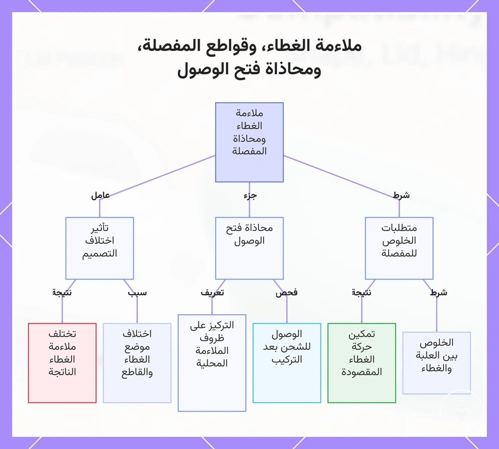 ملاءمة الغطاء، وقواطع المفصلة، ومحاذاة فتح الوصول