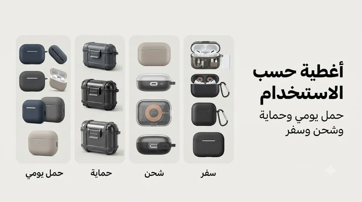 خيارات أغطية علب سماعات الأذن اللاسلكية مجمعة حسب الحمل اليومي والحماية والوصول إلى الشحن والسفر