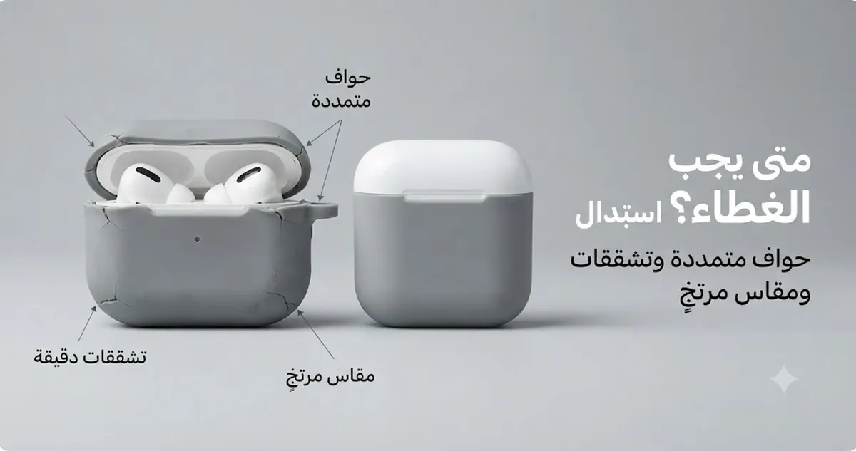 غطاء علبة سماعات أذن لاسلكية متآكل بحواف متمددة وتشققات ومقاس مرتخٍ بجانب غطاء بديل