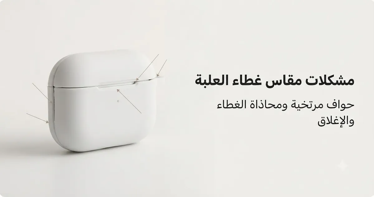 مشكلات مقاس غطاء علبة سماعات أذن لاسلكية تظهر حوافًا مرتخية ومحاذاة الغطاء ومشكلات إغلاق علبة الشحن
