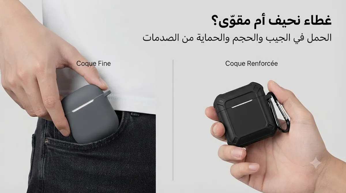 أغطية نحيفة ومقوّاة لعلب سماعات الأذن اللاسلكية مقارنة من حيث الحمل في الجيب والحجم والحماية من الصدمات
