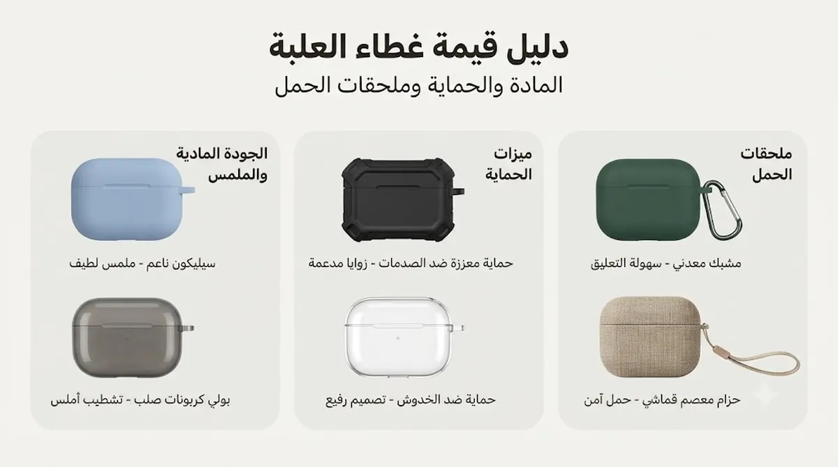 مقارنة قيمة غطاء علبة سماعات أذن لاسلكية تعرض جودة المادة وميزات الحماية وملحقات الحمل