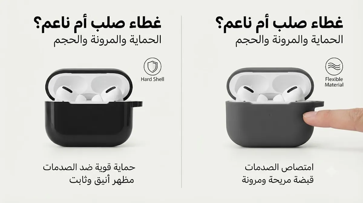 أغطية صلبة وناعمة لعلب سماعات الأذن اللاسلكية مقارنة من حيث الحماية والمرونة والحجم
