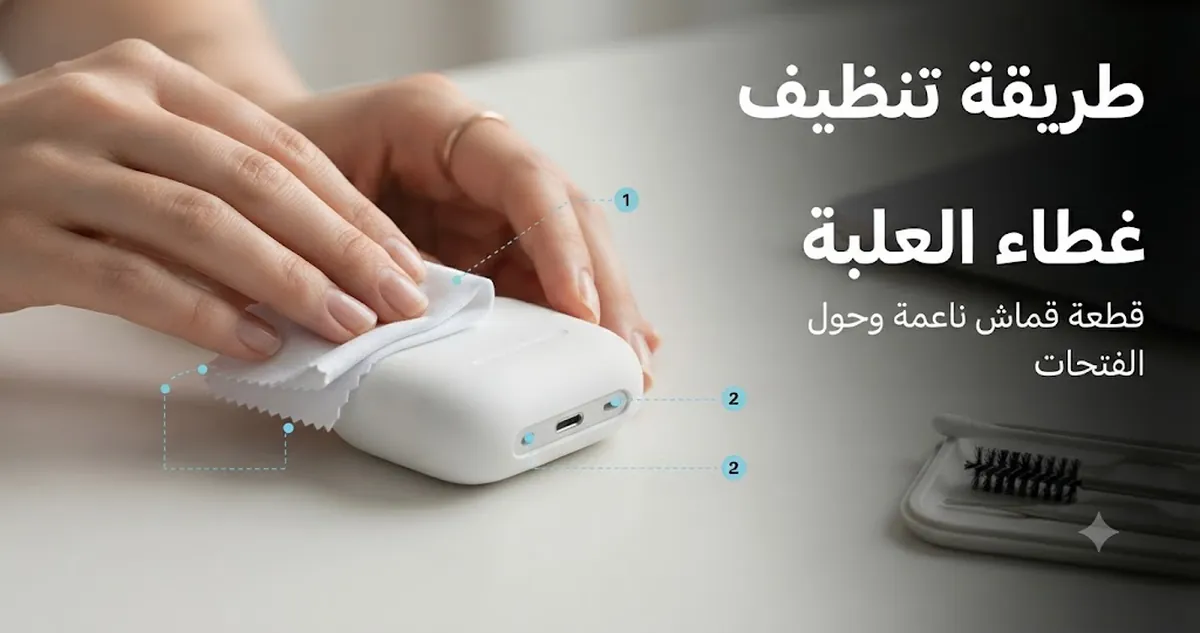 تنظيف غطاء علبة سماعات أذن لاسلكية بقطعة قماش ناعمة وأدوات صغيرة حول الفتحات