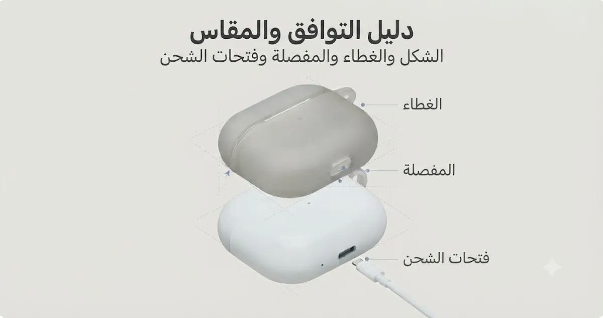 غطاء علبة سماعات أذن لاسلكية بمحاذاة شكل علبة الشحن وموضع الغطاء والمفصلة وفتحات الشحن